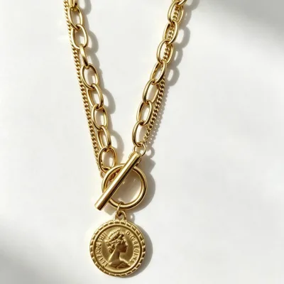 Hot Vintage 18K PVD Gold Plated Double Layer Coin Pendant Necklace with Toggle Clasp for Women Fashion Jewelry Wholesale