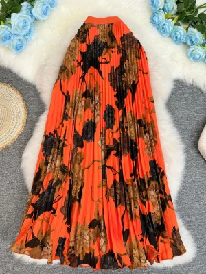 European and American High-end Retro Printed Classic Versatile Commuting High-end Feeling Pleated A-line Long Skirt