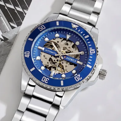 2 Tone Mechanical Automatic Watch with Alloy Case Glass Dial and Leather Strap Featuring Chronograph Date and Day Functions