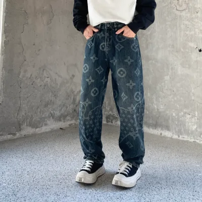 Men's Casual Floral Pattern Breathable Loose Straight Laser-printed Blue Washed Denim Pants-Washable