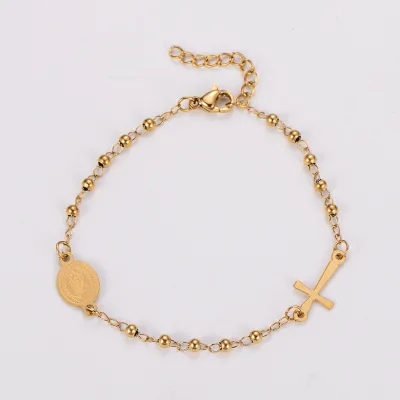 Stainless Steel Religious Jewelry 18K Gold Plated Virgin Mary Oval Medal Cross Charm Rosary Bead Bracelet for Women Men