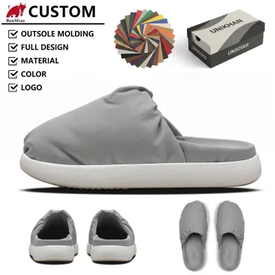 2026 New Custom Bulk Grey Minimalist Design Pleated Gathered Upper Warm Lightweight Indoor Outdoor Mules Clogs Slippers