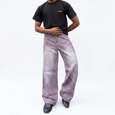 DIZNEW Printed Jeans Pink Purple Washed Baggy Full Body Totem Circuit DIZNEW Multi Text Print Wide Leg Unisex Street Custom OEM