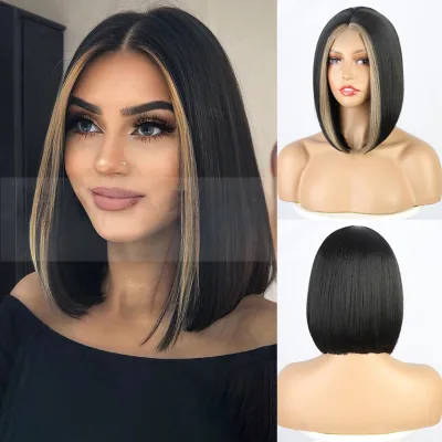 New Blonde Highlights Wig Front Lace Chemical Fiber Midsection Wig Bob