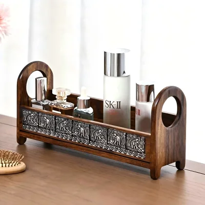 Vintage Solid Wood Chinese-Style Cosmetic Storage Box Wooden Rack for Bathroom Countertop Sink Counter Organizer HUASHEN