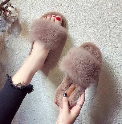 Manufacturer Wholesale Fashion Korean Style Fur slippers Women Wear One Word Drag Rabbit Fur All-match Warm slippers in Stock