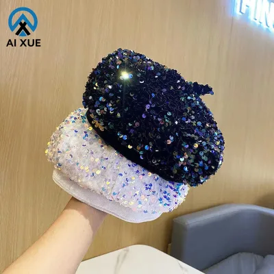 2025 New Hot Selling French Beret Sequin Octagon Beret European and American Nightclub Stage Performance Colorful Beret Cap
