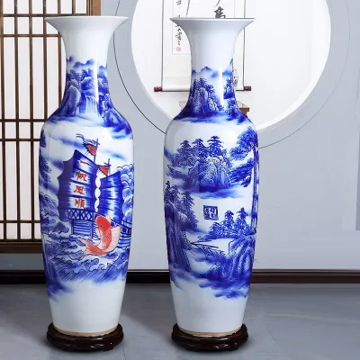 Chinese Hand Painted Blue and White Ceramic Tall Floor Vases for Home Decor Floor to Floor Ceramic Vase for Hotel Decoration