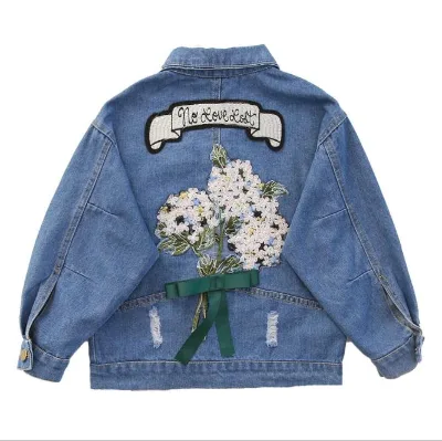 Online Shopping Girl's Autumn Wear Long Sleeved Denim Jacket With Holes and Back Print Embroidery Designs Large Flowers