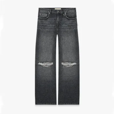 Grey Acid Wash Jeans for Men Wide Leg Baggy Denim Pants Destroyed Knees Curved Seam Street Style Custom Manufacturer