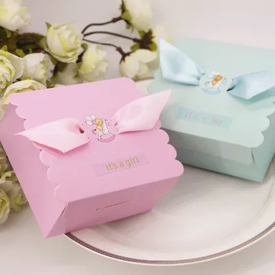 New Style Foldable Custom Paper Recycled Materials Wedding Favors Candy Boxes With Bow