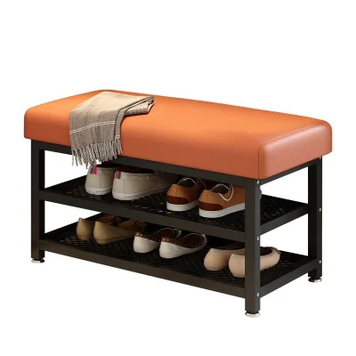 Entryway Shoe Storage Bench Padded Seat, 2-Tier Metal Mesh Shoe Rack Bench, Multifunctional Hallway Shoe Changing Stool