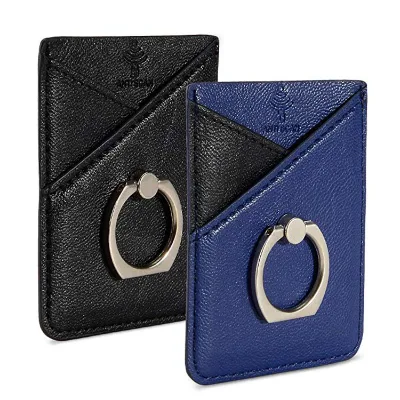 Luxury Aluminum Ring Support PU Leather Case with Clip Closure RFID Blocking Credit Card Holder for Smartphone