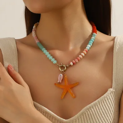 Cute Starfish Necklace, Colorful Minimalist Collarbone Chain, Trendy Beach Vacation Jewelry for Women