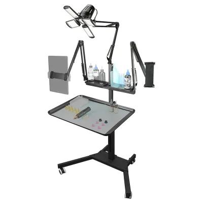 Multi Angle Adjustment Lever Tattoo Tattoo Workbench with Double Bracket Foldable Rolling Tattoo Workstation with LED Light