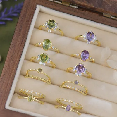 French Design Exquisite Double-Layer Light Luxury Vintage Adjustable Rings for Original Colorful Zircon Inlay Daily Versatile