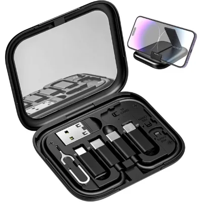 Multi 6-in-1 Data Cable Storage Box Portable Travel Adapter Kit with Card Slot for Mobile Phone Data Cable Adapter