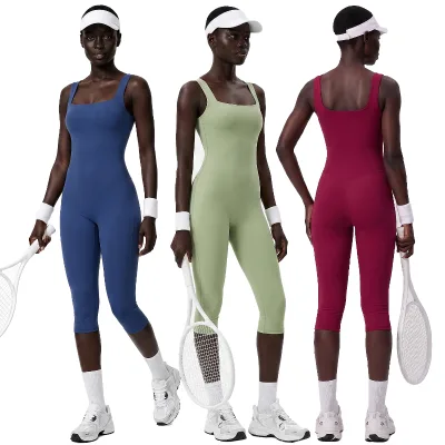 New Women Square Neck Sleeveless One Piece Yoga Workout Knee Length Jumpsuit Seamless Tight Fitness Workout Bodysuit