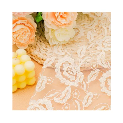 Eco-Friendly Flat Embroidery Tulle Lace Fabric Fully Water-Soluble Baby Pink for Wedding Dresses