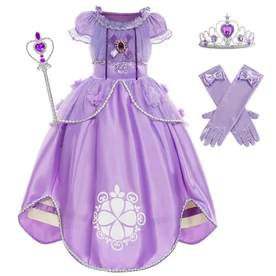 Hot Sale Flutter Sleeve Kids Girl Little Princess Sofia Cosplay Costumes for Halloween Christmas Birthday Party Dress