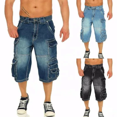 Summer American Straight Leg Denim Shorts, High Street Heavy Industry, Multi Pocket Tear Off, Ready to Pack, Water Washed