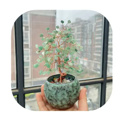 Natural Healing Decoration Ornaments DIY Green Aventurine Crystal Chips Money Tree Copper Wire Ceramic Bowl Base Crafts Gift