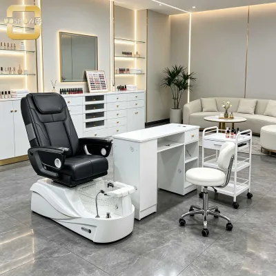 Light Luxury White Nail Salon Central Cabinet Gold Knob Manicure Storage Display Cabinet for Nail Studio & Beauty Spa