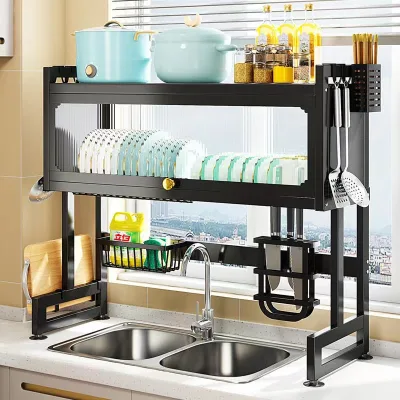 2 Tier Hot Selling Flip Cover Dish Drying Rack Over the Sink Multifunction Dish Drainer Rack Storage Holders