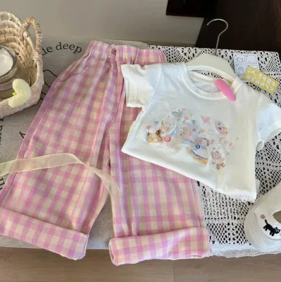2025 Cute Cartoon Girls Casual 2PC Set Short Sleeve T-Shirt & Checkered Pants for Summer Play