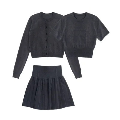 Knitwear Women's Girl's Sexy Long Sleeves Three Piece Set High Waist Short Pleated Skirt Sweater Set