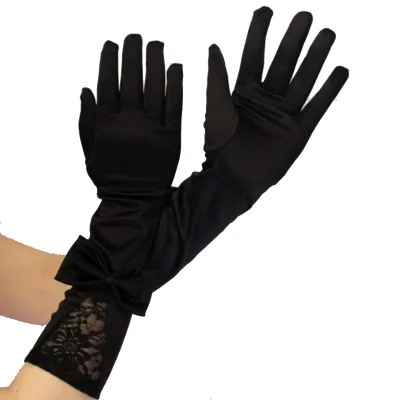 Bow Lace Satin Gloves Dance Performance Black Satin Fabric Gloves Wedding Bridal Bowknot Gloves