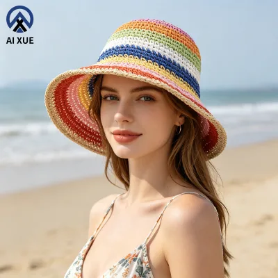 Eco Friendly Rainbow Straw Hats Colorful Grass Woven Hat Summer Beach Bucket Cap Women Fashion Vacation Headwear