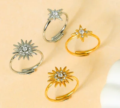Custom Stainless Steel Sun Zircon Ring, Solar Sunburst Cubic Zirconia CZ Adjustable Open Band Ring