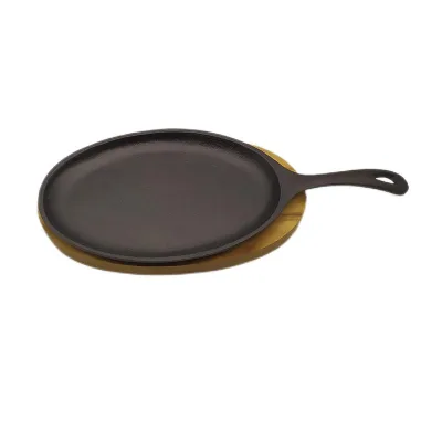 Classic Preseasoned Cast Iron Steak Plate with Wooden Base Steak Plate for Restaurant