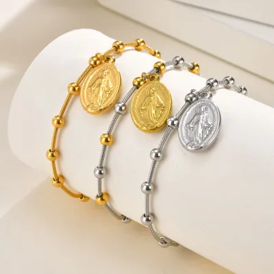 Wholesale New Christian Religious Stainless Steel Rosary Bracelet Waterproof Virgin Mary Cross Pendant Fashionable Bangles Gift