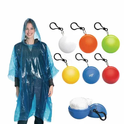 2025 Customizable Lightweight Disposable Raincoat 0.015mm Thick Plastic Ball Rain Poncho with Keychain