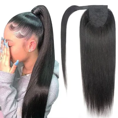 Yaki Straight Ponytail Human Hair Clip in Hair Extensions Brazilian Remy Hair Wrap Around Ponytail Natural Hairpiece 60G-120G