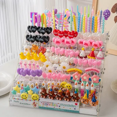 Ins-style Cartoon Birthday Cake Decorated with Candles, Flowers, Party Hats, Bear Smiles, Hearts and Children's Birthday Candles