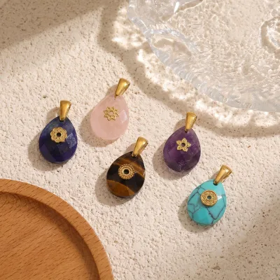 Dina Small Teardrop Faceted Natural Stone Pendants Vintage DIY Stainless Steel Jewelry Making Charms Supplies
