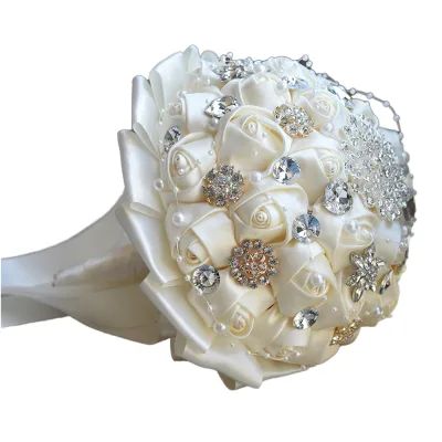 Romantic Wedding Bride Holding Handmade Satin Roses Bouquet with Brooch for Chinese New Year Comes in Box Packaging