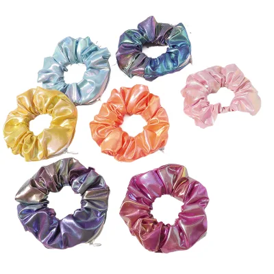 Rainbow Color PU Leather Scrunchies for Women and Girls-Zipper Scrunchy with Hidden Pocket