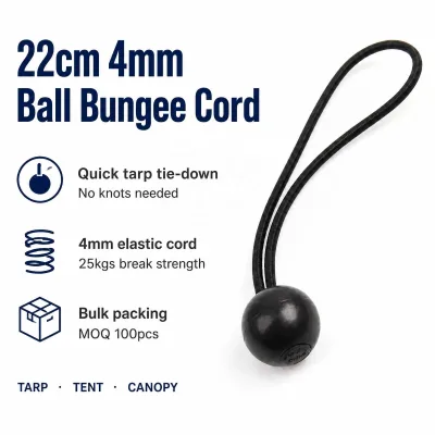 22cm 4mm Black Ball Bungee Cord with Plastic Ball 25kg Break Strength for Tarp Tie Down Tent & Canopy Outdoor