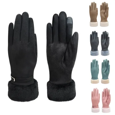 Ladies Winter Soft Microfiber Touch Gloves Thick Furry Cuff Adjustable Buckle Warm Hand Covers for Road Trip Shopping
