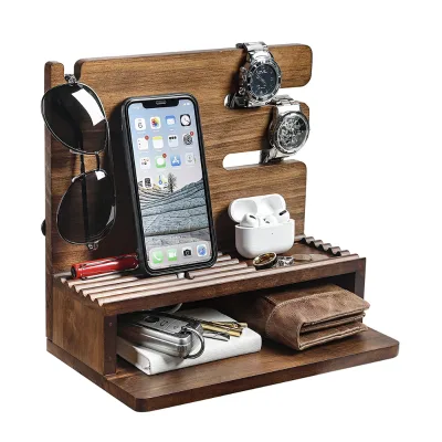 Solid Wood Charging Station Nightstand Organizer for Multiple Devices Including Phone Smart Watch Laptop Tablet
