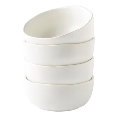 AmorArc Stoneware Ceramic Handmade Large Soup Bowls Set 4 28oz Wavy Rim Matte White Microwave Dishwasher Safe for Meal Snacks