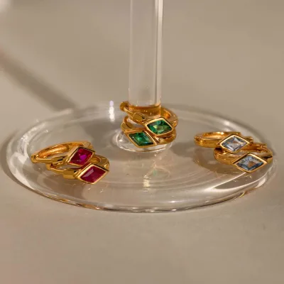 12 Month Birthstone Earrings Diamond Shape Fashion Stud Stainless Steel Hoop Earring
