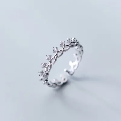 Korean Style Crown Shape Ring 925 Sterling Silver With Zircon Open Adjustable Finger Ring for Women