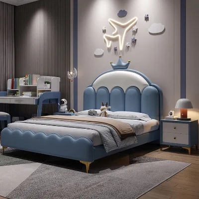 Popular Beige Princess Crown Bed for Girls Modern Upholstered Leather Children's Bed Hot Sale Bedroom Set Storage Bed for Kids