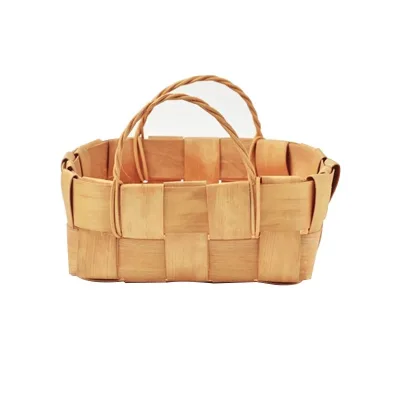 Hand Made Rectangle and Folk Art Woven Woodchip Basket