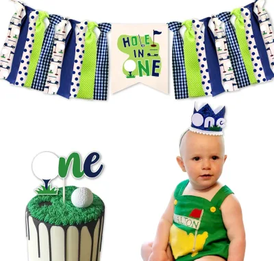 Golf Theme Baby 1st Birthday Party Dining Chair Decoration Set Banner With Cake Topper Birthday Hat